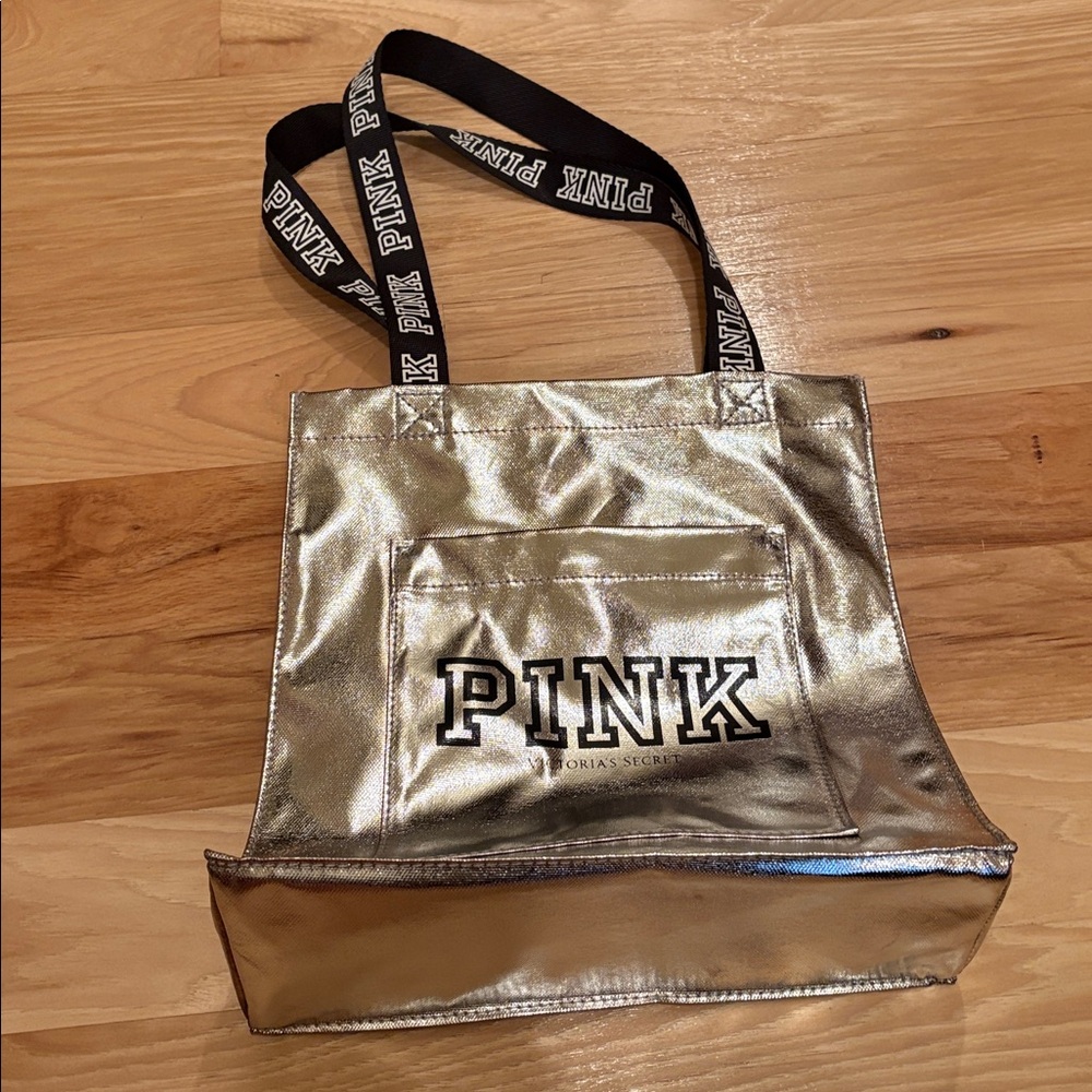 PINK Victoria's Secret Metallic Gold Tote with Black Logo Straps